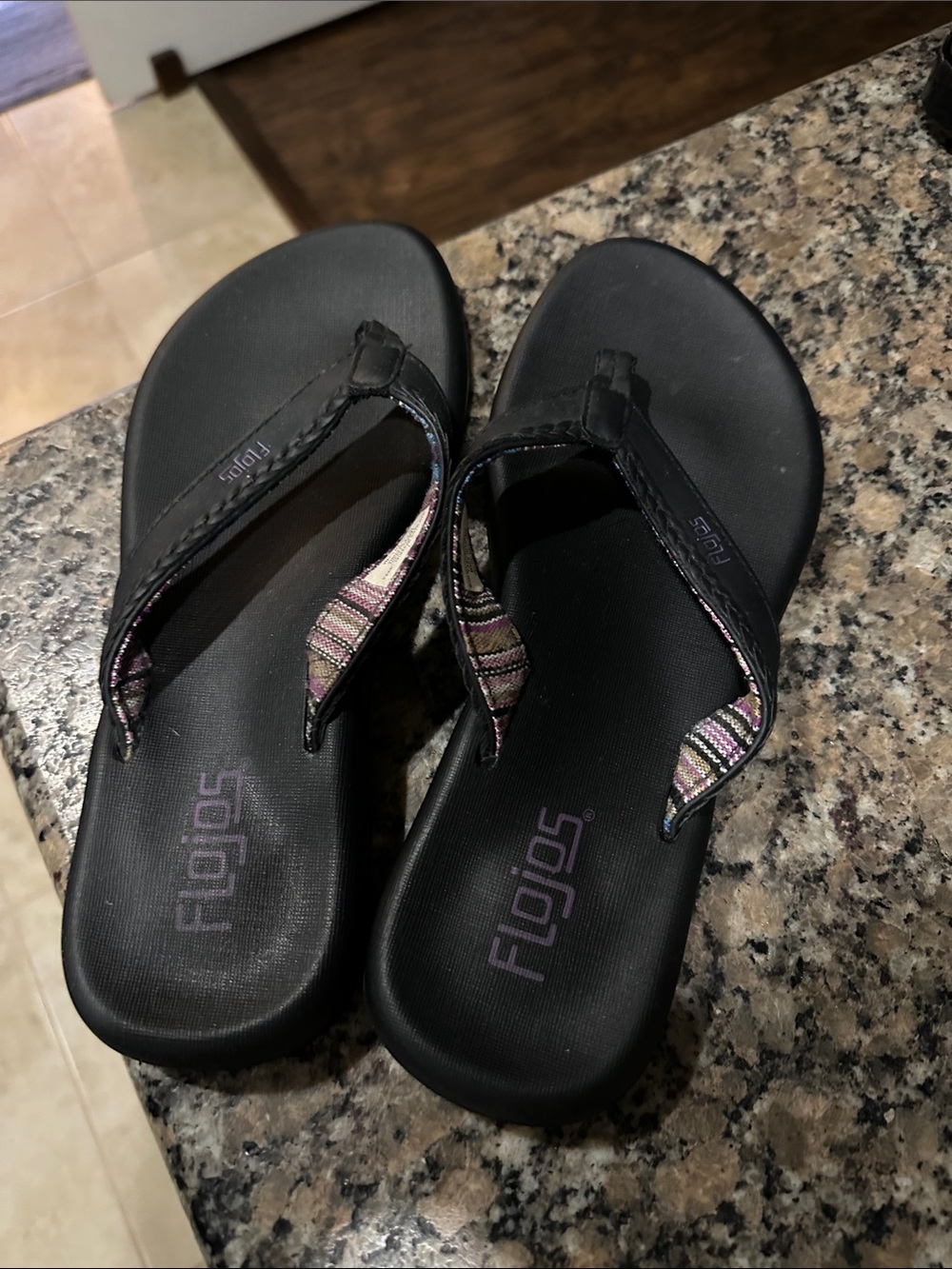 Flojos Black Flip Flops with Multicolor Striped Trim
